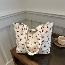 韩版百搭灯芯绒草莓印花托特包2024夏新款收纳袋大容量拼接单肩包