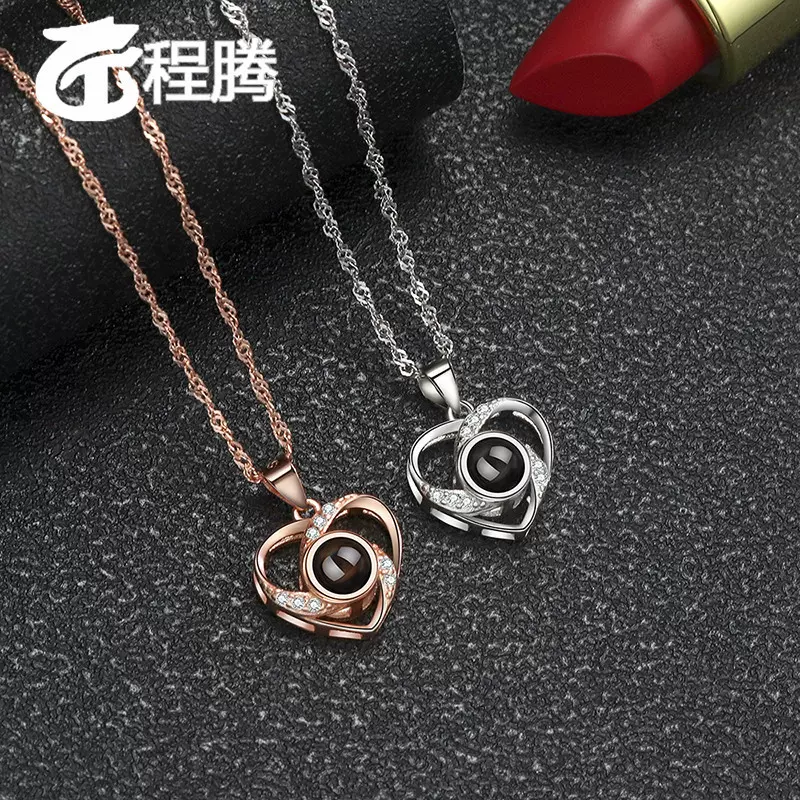 跨境爆款925银心形投影项链女100种语言我爱你吊坠锁骨链外贸批发