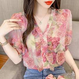 法式领碎花衬衫女夏2026年新款洋气荷叶边时尚短袖粉色雪纺上衣