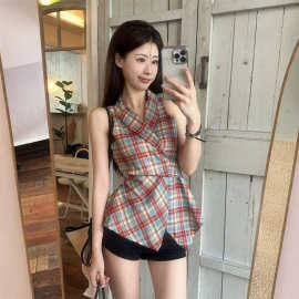 格纹V领吊带背心女夏季新甜辣风蝴蝶结收腰修身显瘦洋气上衣跨境