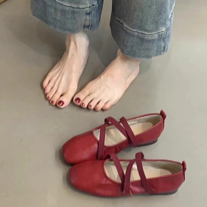 Sheepskin Version ~ French Cross Belt Red Mary Jane Shoes Flat Single-layer Shoes Women's Shallow Mouth Evening Fairy Ballet Shoes Sheepskin Version ~ French Cross Belt Red Mary Jane Shoes Flat Single-layer Shoes Women's Shallow Mouth Evening Fairy Ballet Shoes