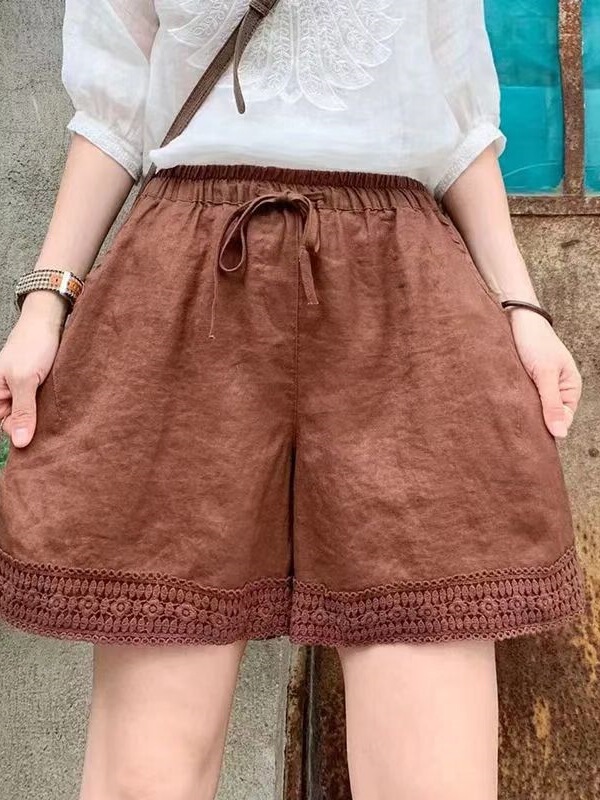 Clearance Sale Vintage Cotton Linen Casual Shorts for Women 2025 New Lace Patchwork Four-Quarter Straight Shorts for Women