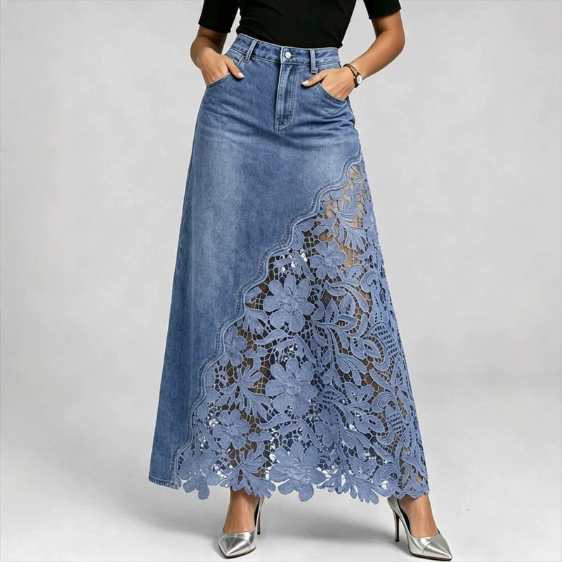 Cross-Border Bohemian Style High-Waisted Bodycon Skirt with 3D Floral Water-Soluble Lace Patchwork and Hollow-Out A-Line Denim Long Skirt