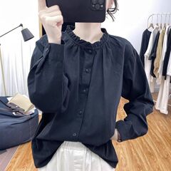 2025春装洋气荷叶领长袖衬衫女港风时尚减龄上衣新款宽松打底衬女