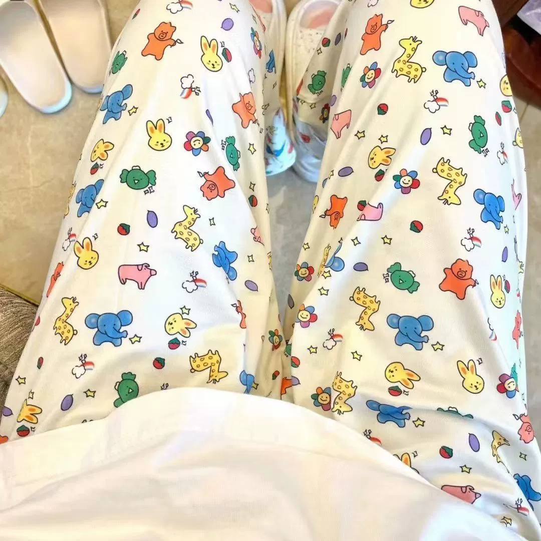 Длинные брюки с мультяшным принтом, пижамные брюки для женщин, тонкие домашние брюки для весны и осени, можно носить на улице, повседневная домашняя одежда с рисунком.