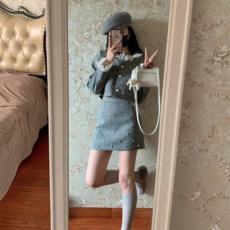 法式千金风蕾丝拼接短外套春秋季新款纯欲高腰包臀半身裙两件套女|undefined