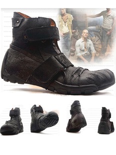 Punk Cowhide Boots Men's Short Boots Alternative Big Round Toe Denim Vintage Martin Boots Men's Tooling Desert Motorcycle Boots