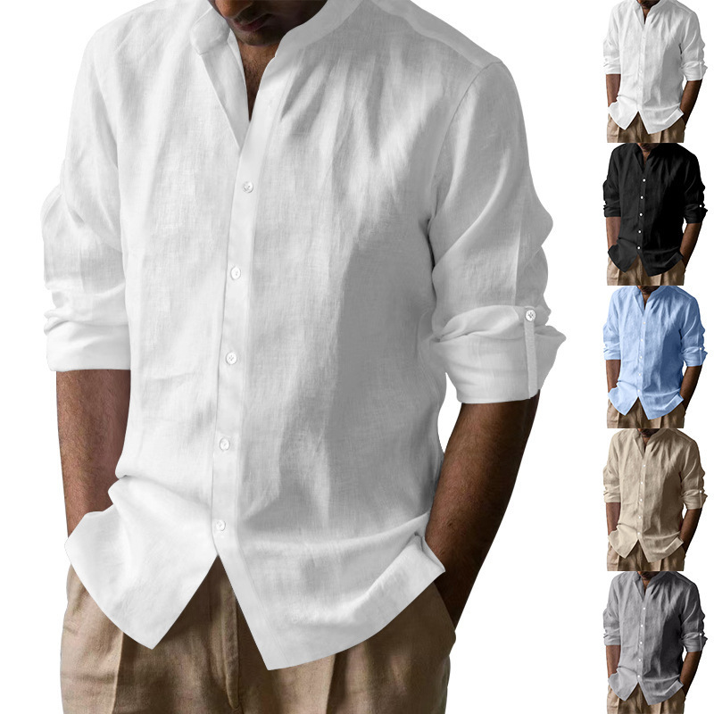 2024 Amazon Cross-border Men's Shirt Cotton and Linen Long Sleeve Collar Breathable Henry Collar Casual New Chinese Top for Men