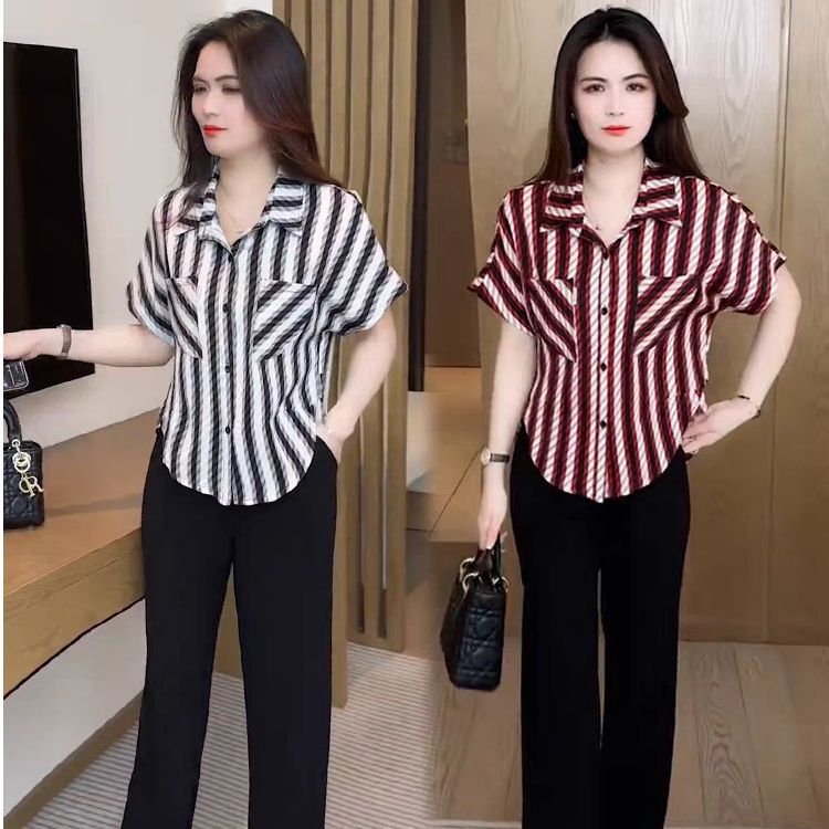 Fashion Elegant Striped Shirt Women's 2025 Spring and Summer New Age-reducing All-match Loose Slimming Short-sleeved Shirt Top