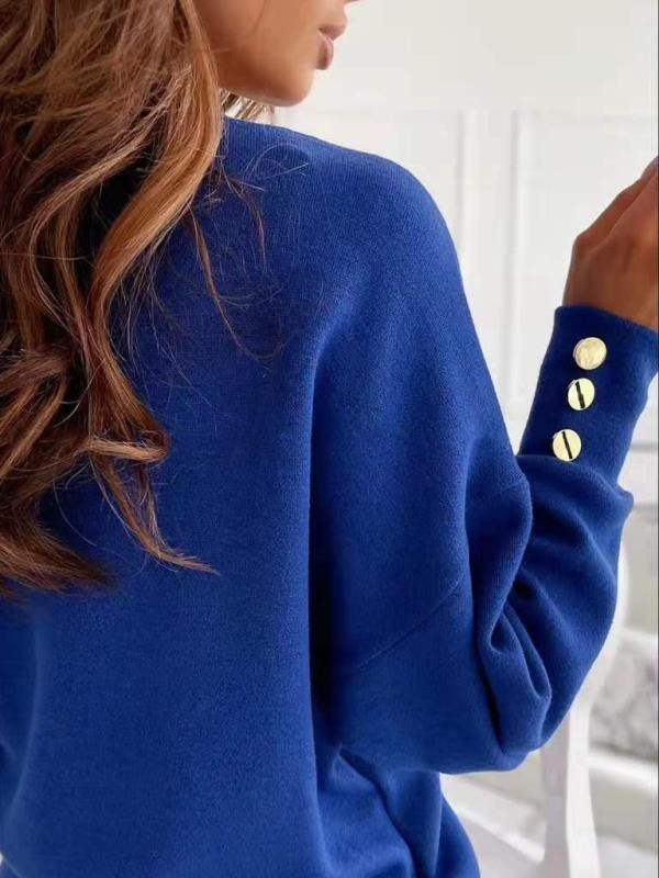 Women's Sweater V Neck Casual Long Sleeve Button Cuff Top_voghion.com