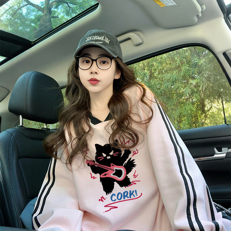美式复古两条杠拼接薄款卫衣女甜酷风卡通涂鸦洋气宽松遮肚子上衣|undefined