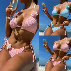 跨境2024新款3D立体花朵bikini三角杯性感打揽比基尼纯色女士泳衣