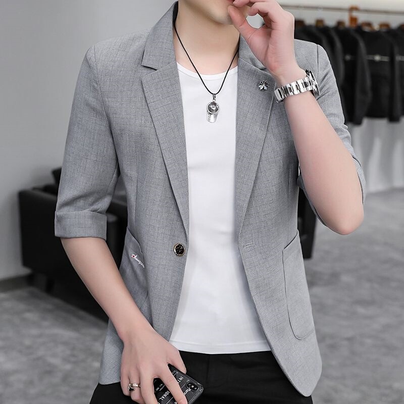 Simon Lainer's New Spring and Summer Slim-Fit Men's Korean-Style Casual Blazer with Three-Quarter Sleeves Simon Lainer's New Spring and Summer Slim-Fit Men's Korean-Style Casual Blazer with Three-Quarter Sleeves