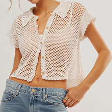 2025春夏新款针织开衫度假风翻领短袖镂空薄上衣跨境亚马逊欧美女