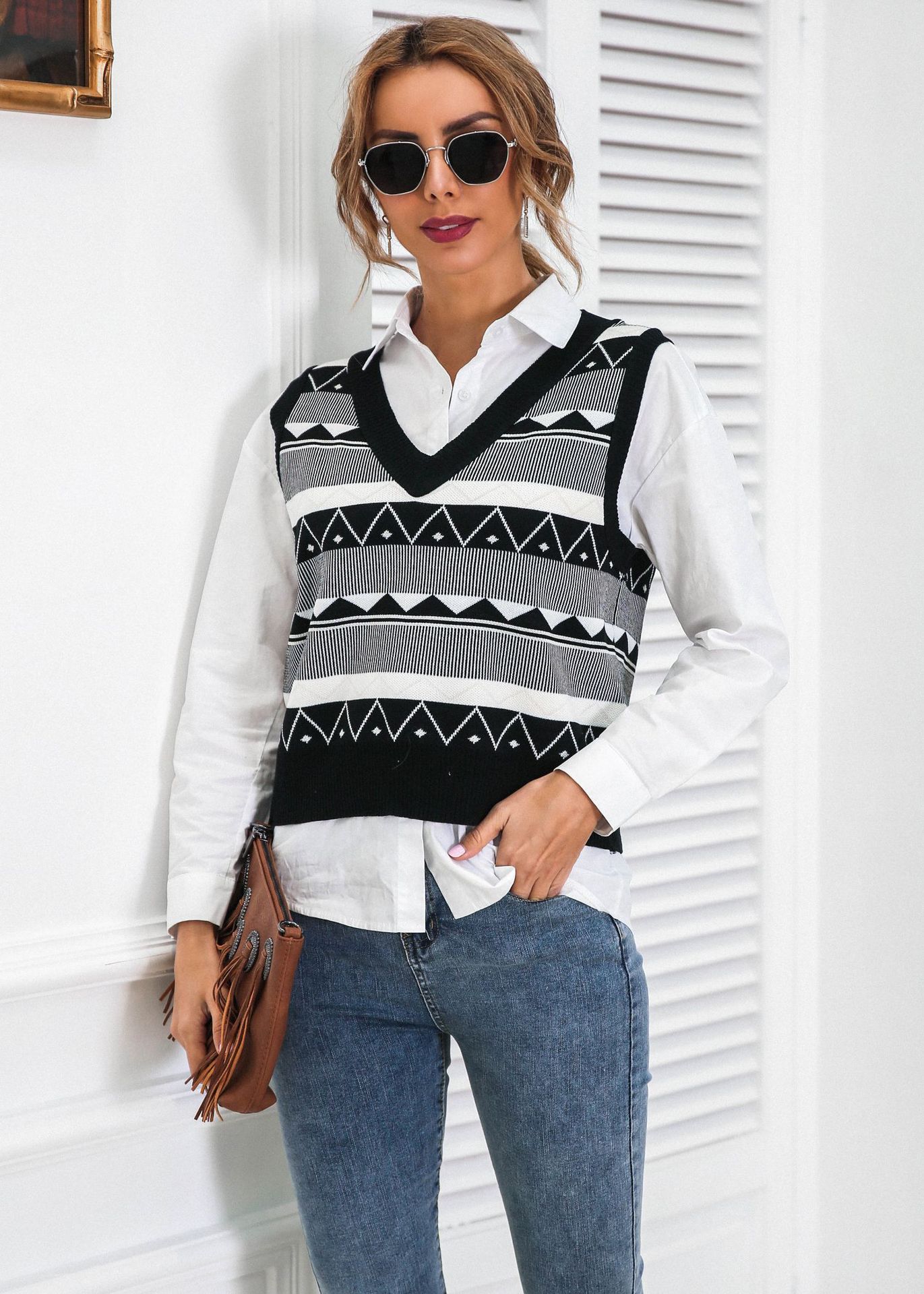 autumn and winter single-breasted sleeveless striped cardigan NSMY22230