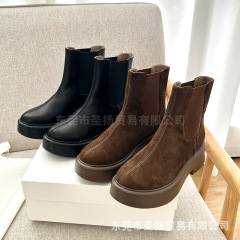 高端the*row秋冬新款厚底短靴防水台一脚蹬弹力套筒切尔西靴女
