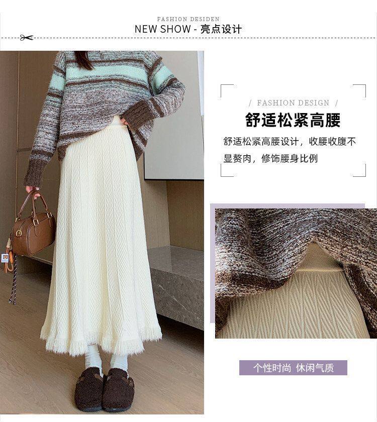 Chân váy dệt kim dày nữ dáng chữ A cạp cao xếp ly tua rua dáng dài — màu kaki, màu mơ, xám đậm, đen chi tiết 9
