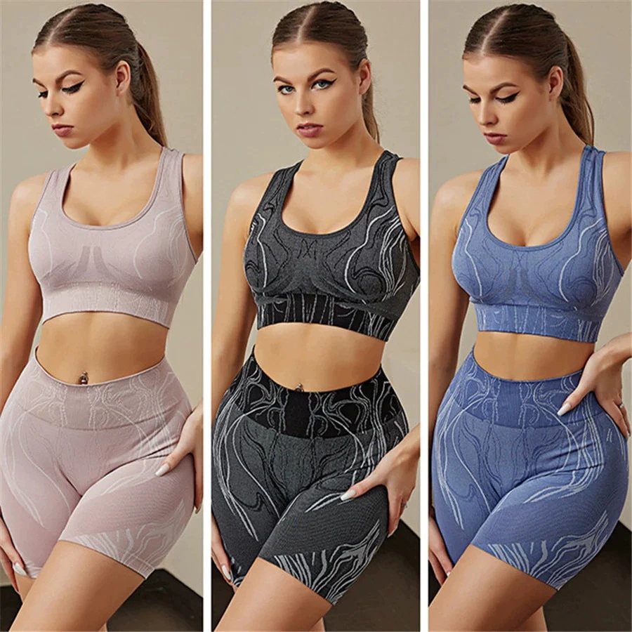Amazon Wave/Ripple PRINT thickened sports yoga fitness seamless striped tight set