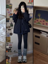 反季清仓特价工装派克服羽绒服女中长款白鸭绒加厚保暖藏青色冬装