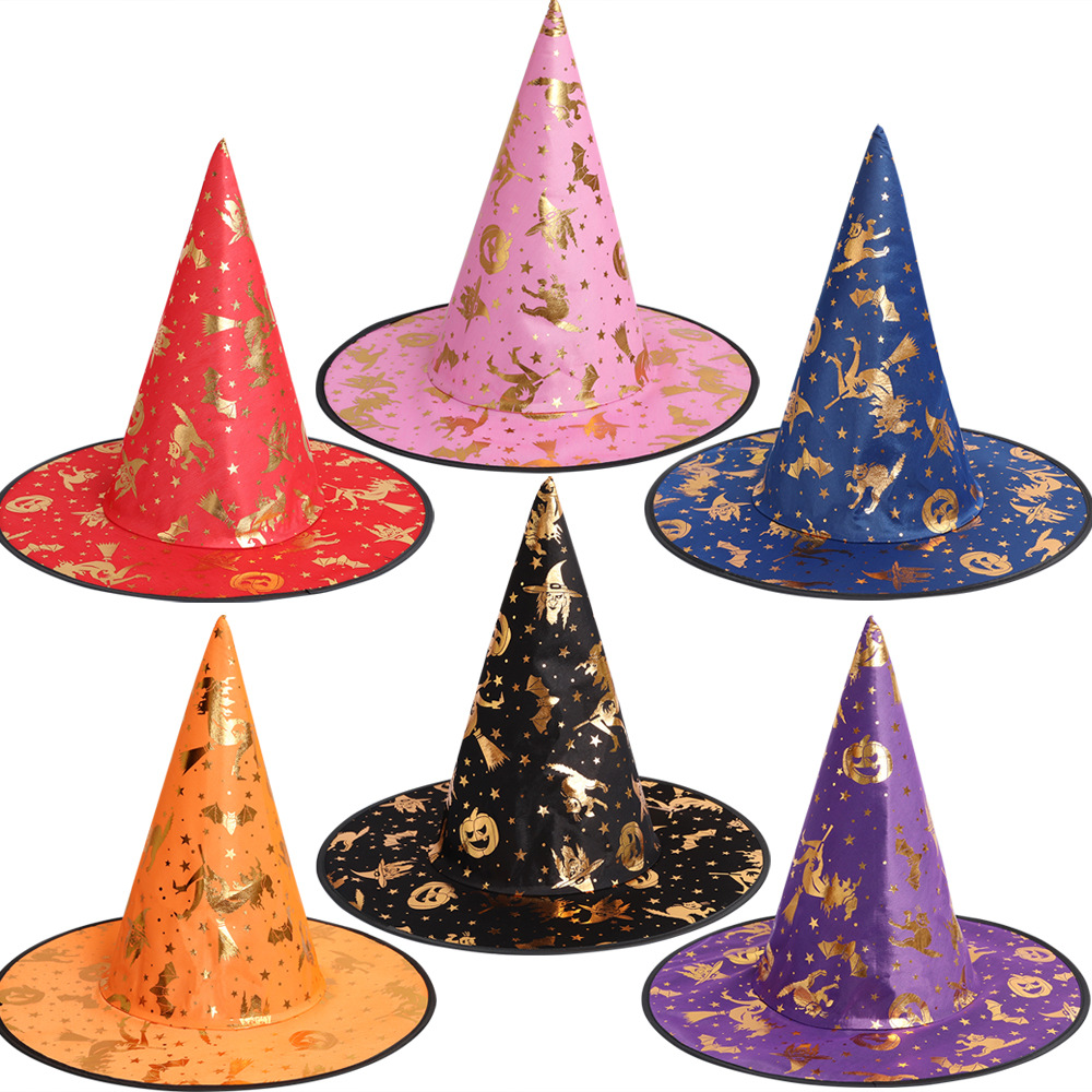 Sombrero de bruja, sombrero de Halloween con estampado dorado, sombrero de bruja para disfraz, sombrero de mago para fiesta, sombrero mágico compuesto no tejido image 3