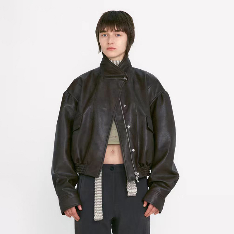 Protein Leather Korean Niche Low C Motorcycle Soft Leather Half-High Collar Flap Pocket Waist-Cinching Short Jacket for Women Protein Leather Korean Niche Low C Motorcycle Soft Leather Half-High Collar Flap Pocket Waist-Cinching Short Jacket for Women