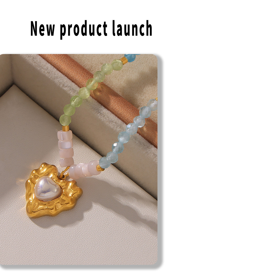 Casual, Daily Occasion natural stone, Titanium Steel Material Classic Style Geometric Heart Shape Natural Stone Titanium Steel Beaded Chain Pendant Necklace In Bulk