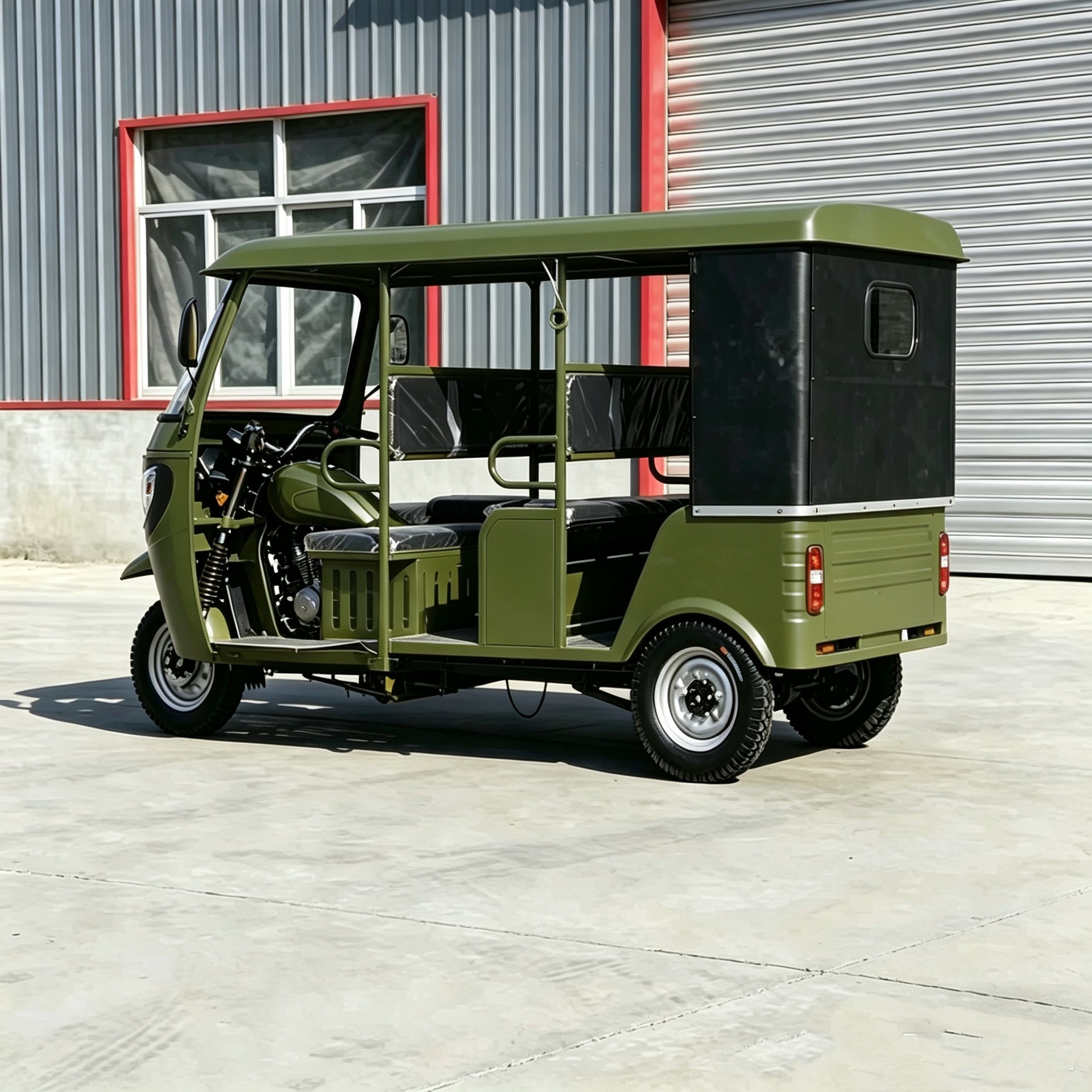 New matte military green three-wheeled passenger motorcycle for foreign trade export, large-capacity sightseeing vehicle for rural and urban passenger transport