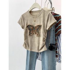 モーダルアメリカのレトロな染め半袖tシャツの女性は今年の夏にデザイン感があります。