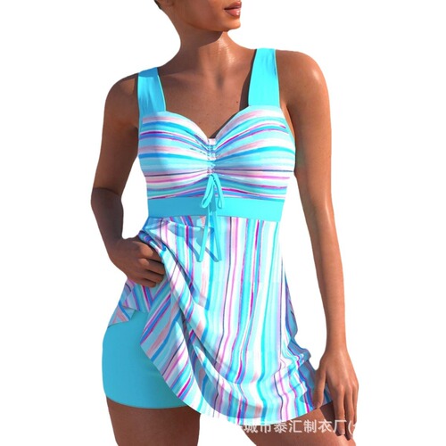 2025 Women's European and American Straight High-Waist Swimsuit with Striped Print Tankini