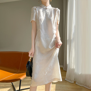 新中式旗袍中長裙女立領提花真絲緞面短袖連衣裙國風旗袍裙高級感