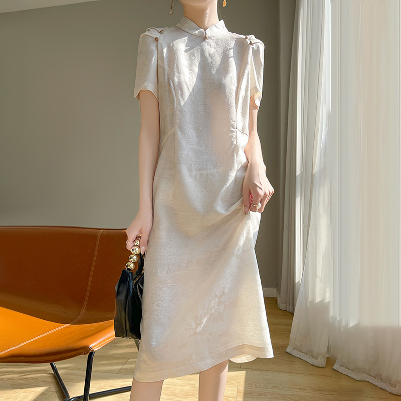 New Chinoiserie Cheongsam Mid-length Skirt Women's Stand Collar Jacquard Silk Satin Short-sleeved Dress National Style Cheongsam Skirt High-end
