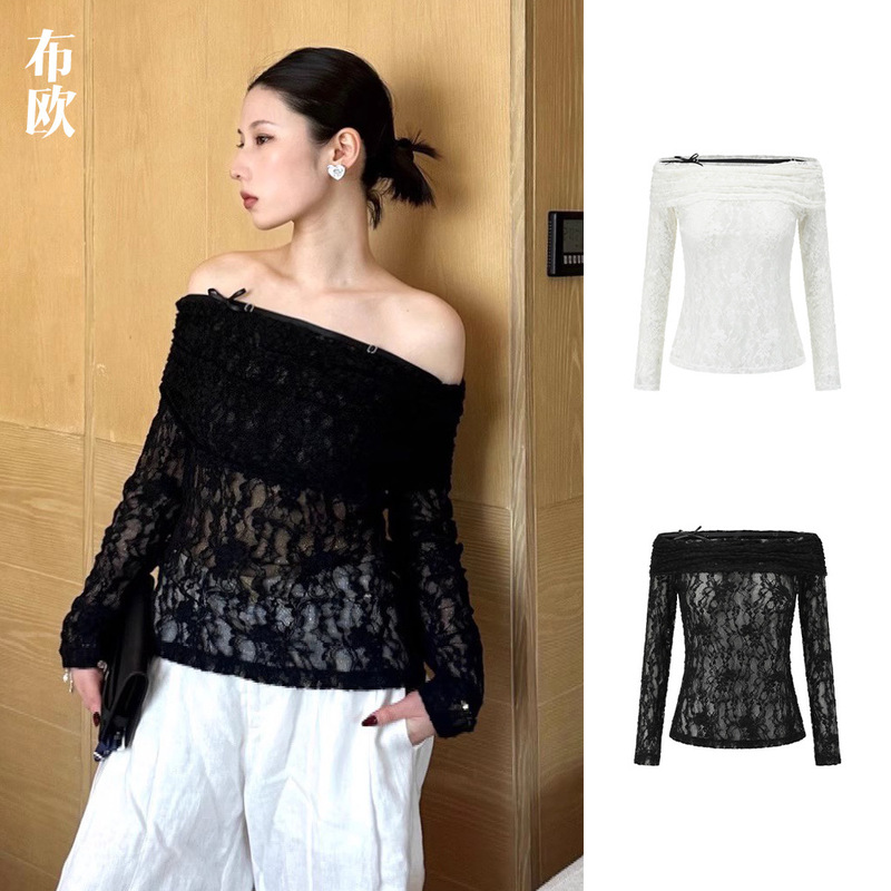 [Clearout No Returns/Exchanges] Niche Designer Sexy Hot Girl Slimming One-Line Collar Hollow Lace Long Sleeve Top for Women