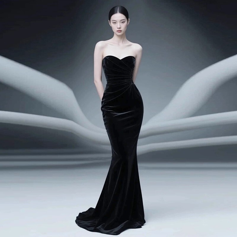 Evening Dress, Classy Black Strapless Velvet Fishtail Dress, Slimming and Elegant, Suitable for Hosting Annual Meetings, Banquets, and Birthday Celebrations, Long Style
