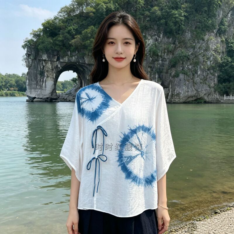 Tie-Dye White Silk-Linen Embroidered Mid-Sleeve Shirt with a Turn-Down Collar, Round Neck, Loose Fit, Versatile and Stylish for Commuting, Tie-Dye Top