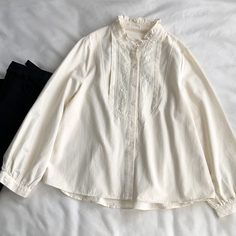 Japanese-Style Gentle Apricot Delicate Brushed Cotton Ruffle Collar Shirt with Embroidery Lace Long-Sleeve Loose Blouse for Women New Model Japanese-Style Gentle Apricot Delicate Brushed Cotton Ruffle Collar Shirt with Embroidery Lace Long-Sleeve Loose Blouse for Women New Model