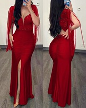 V 51272 Beaded Slit Fringe Sleeve Evening Dress ��Ƭ�_���B��