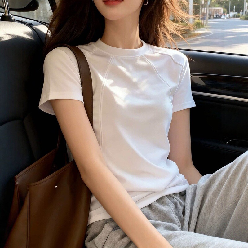 Pure Cotton White Round-Neck Versatile Slim-Fit Short-Sleeve T-Shirt for Women, Simple Fishbone Design, Age-Reducing Half-Sleeve Top for Summer