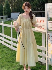 法式时尚泡泡袖奶黄色连衣裙女2025夏季新款高级感连衣长裙D1959
