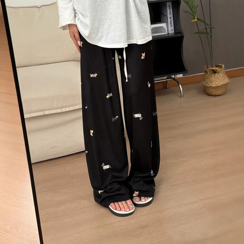 Ice Silk Ribbed Fun Dachshund Print Wide-Leg Pants for Women, Summer Thin Cool Casual Versatile Straight-Leg Floor-Length Pants Ice Silk Ribbed Fun Dachshund Print Wide-Leg Pants for Women, Summer Thin Cool Casual Versatile Straight-Leg Floor-Length Pants
