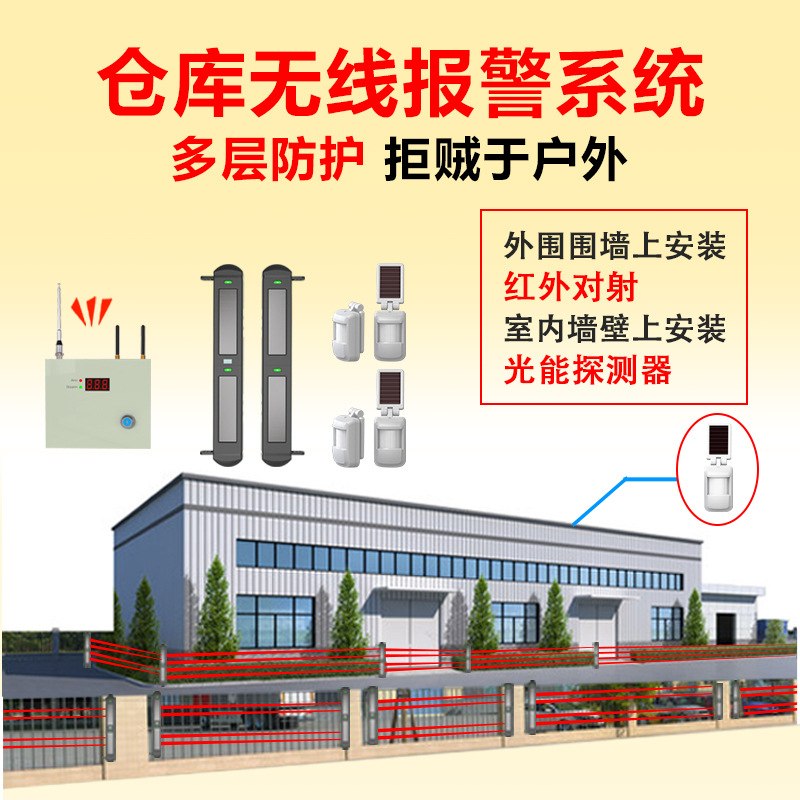 仓库报警防入侵联网系统太阳能无线红外感应报警器探测防盗器