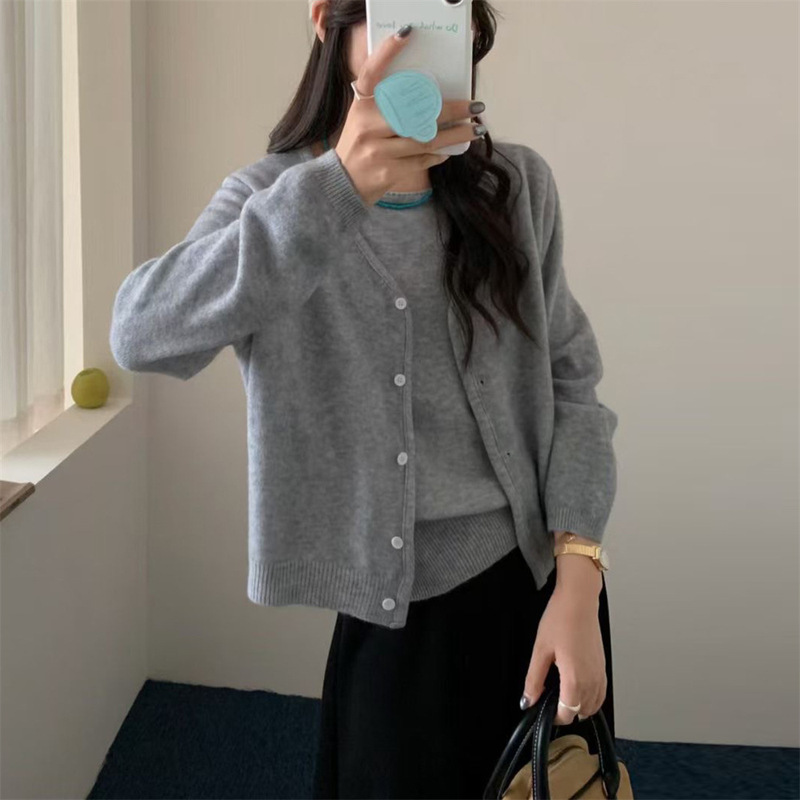 纯色高级感纯欲风假两件针织开衫秋冬新款软糯长袖短款毛衣外套女|undefined
