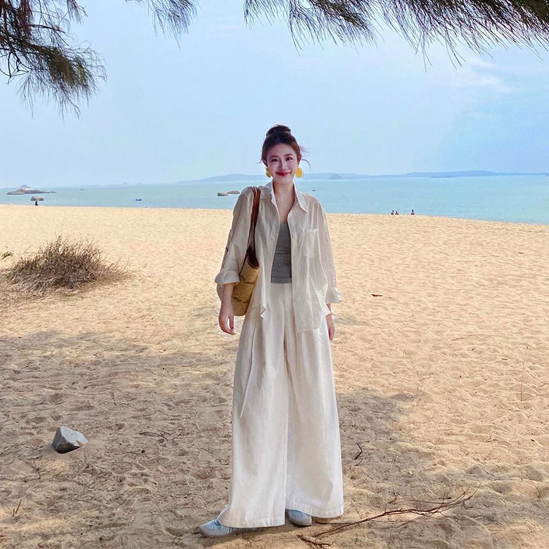 Beachwear Old Money Style White Casual Suit for Women 2026 Summer Loose Shirt and Wide-Leg Pants Beachwear Old Money Style White Casual Suit for Women 2026 Summer Loose Shirt and Wide-Leg Pants