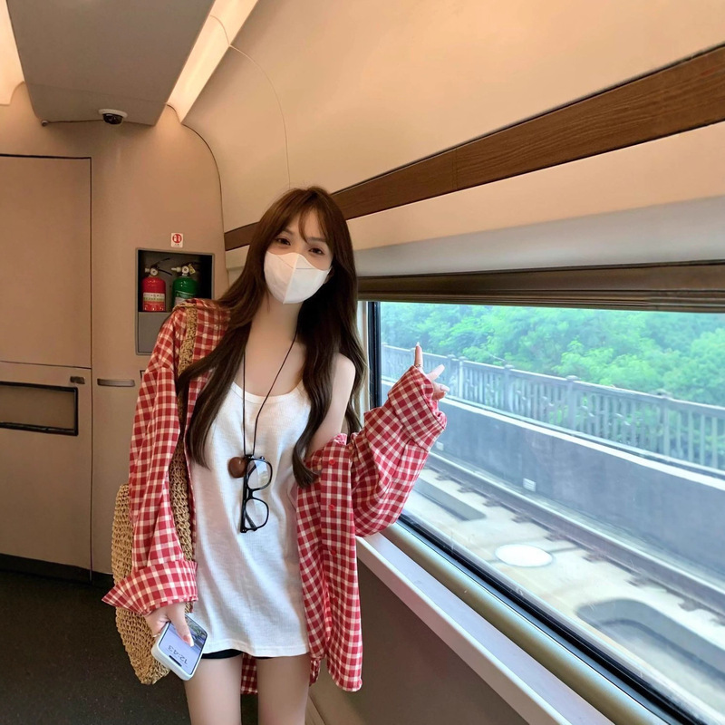 New Trendy Red Plaid Shirt 2025 Early Spring New Polo Collar Shirt Small Loose Lazy Plaid