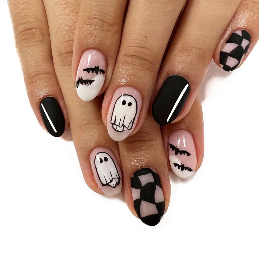 Halloween False Nails Spider Web Bat Ghost Print Oval Shape 48pcs_voghion.com