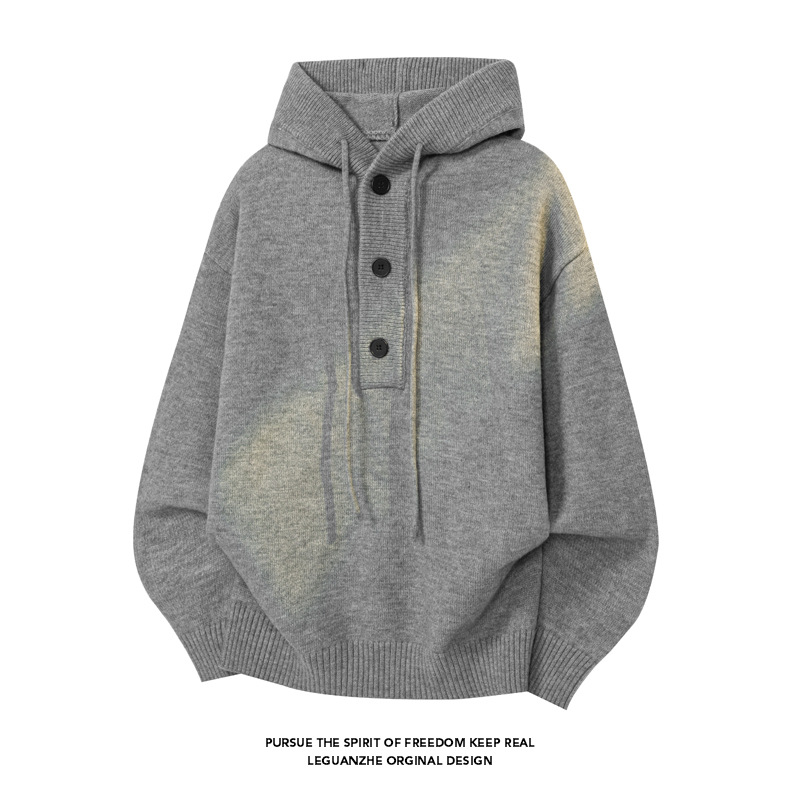 Solid Color Hooded Knit For Men, Autumn Cleanfit American Loose Sweatshirt, Lazy Style High-End Sweater_voghion.com
