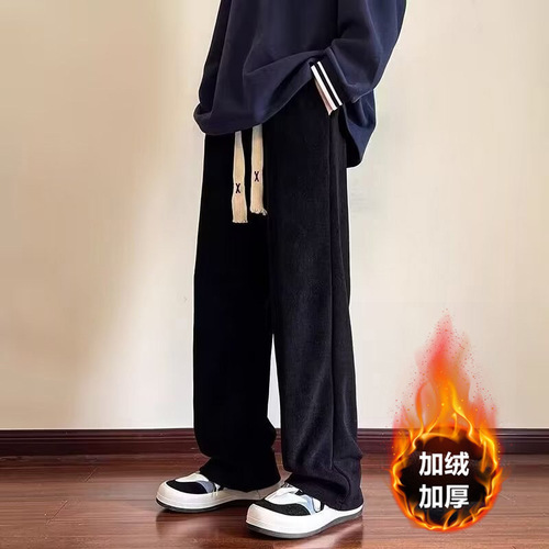 Corduroy pants, men's large size loose straight pants, American draping and velvet thick casual sports pants for autumn and winter