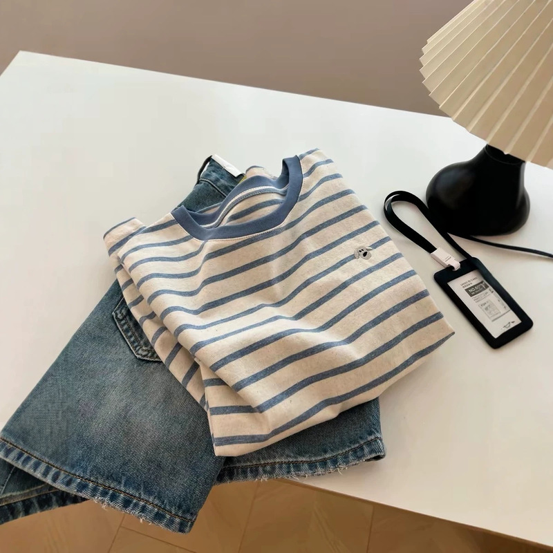 Korean Dongdaemun Plus Size 120kg Striped Dog Embroidery Short-Sleeve T-Shirt Women's Top 2026 New Trendy Item Korean Dongdaemun Plus Size 120kg Striped Dog Embroidery Short-Sleeve T-Shirt Women's Top 2026 New Trendy Item