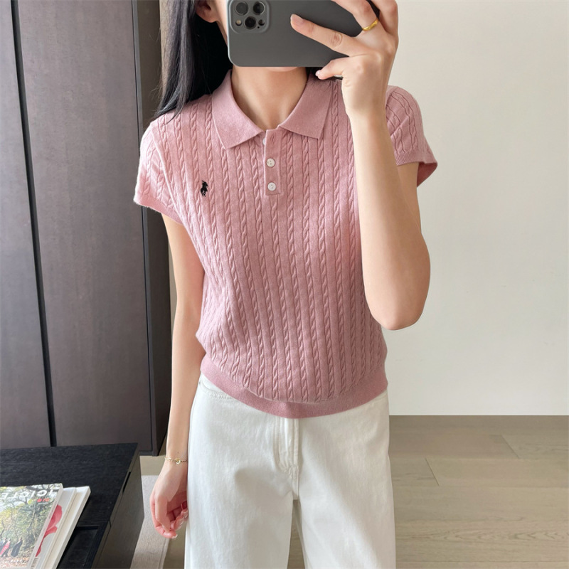 ポニー刺繍入りポロカラーラペルケーブルツイストショートニットセーター半袖Tシャツトップス女性用|undefined