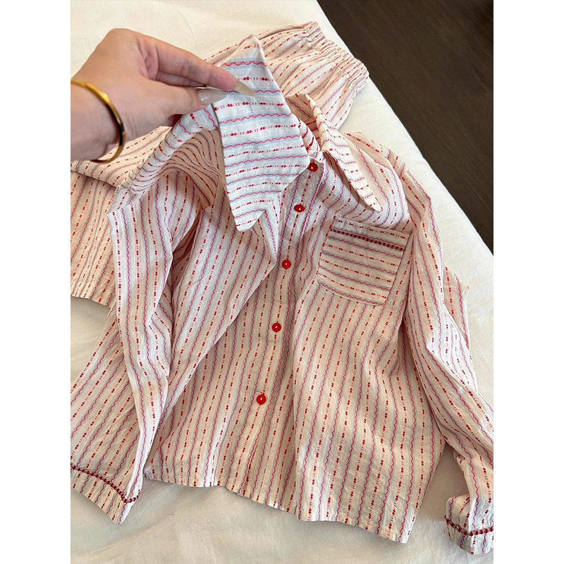 法式条纹睡衣女春秋季长袖套装高级感跨境家居服大码网红风可外穿|undefined
