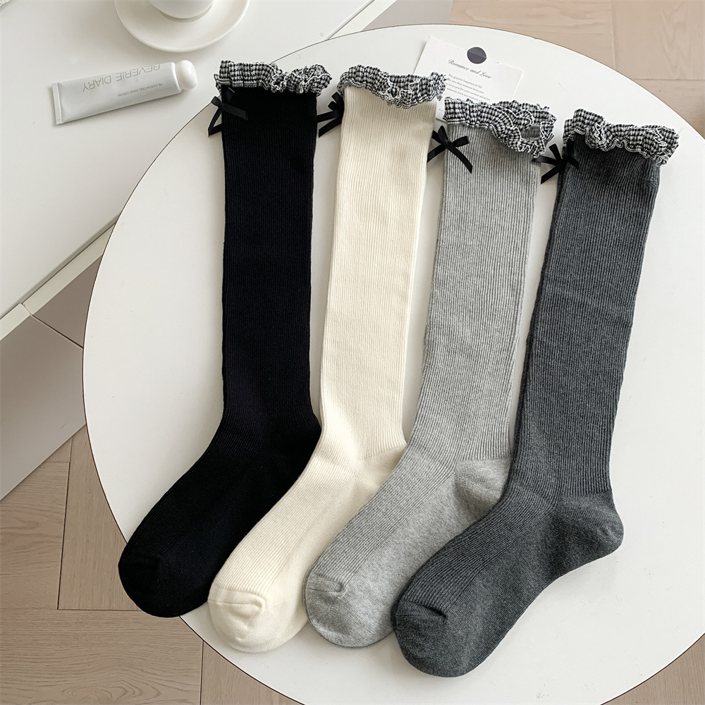 Φθινοπωρινές και χειμωνιάτικες κάλτσες miu με φιόγκο, δαντελωτές γυναικείες κάλτσες με μακριές τσέπες και σωληνωτό πέλος, σε στυλ δαντέλας σε στυλ δάσους._voghion.com